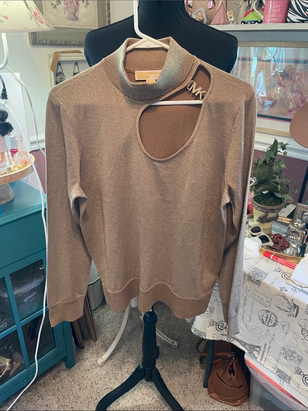 Michael Kors Shimmer Gold Cutout Neck Sweater NWT XL